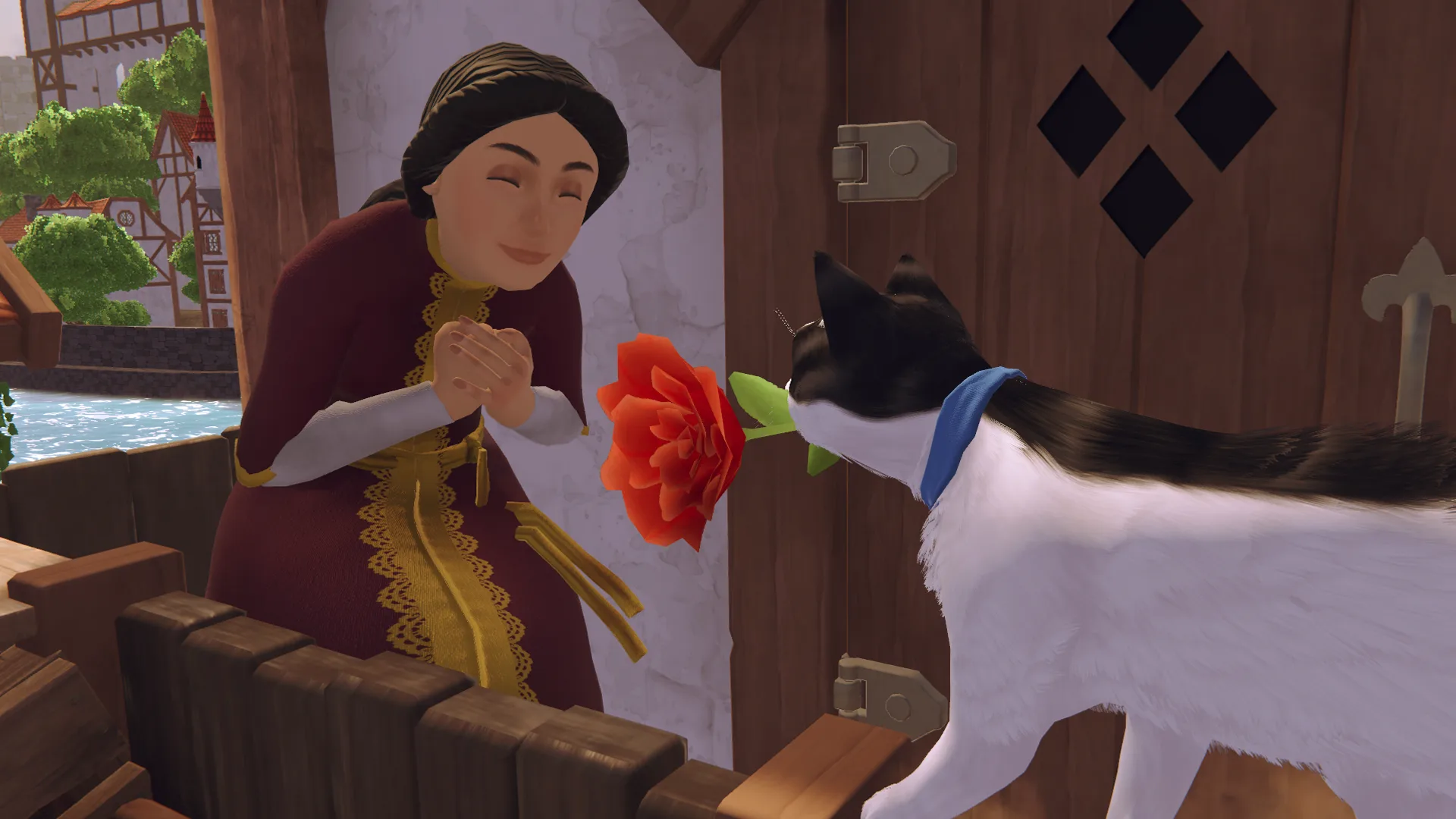 A cat delivers a rose to a grateful villager