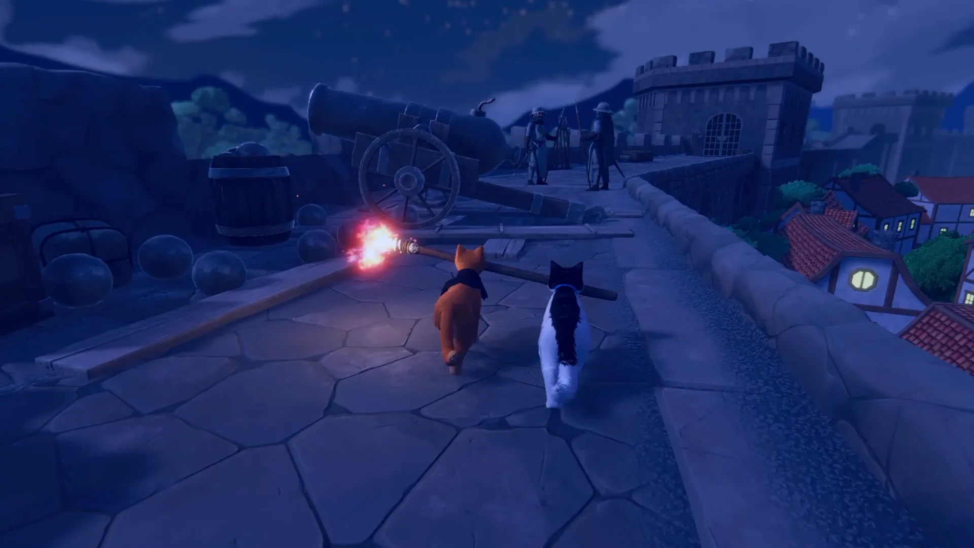 Night mission: two cats sneak past cannons on a fortress wall